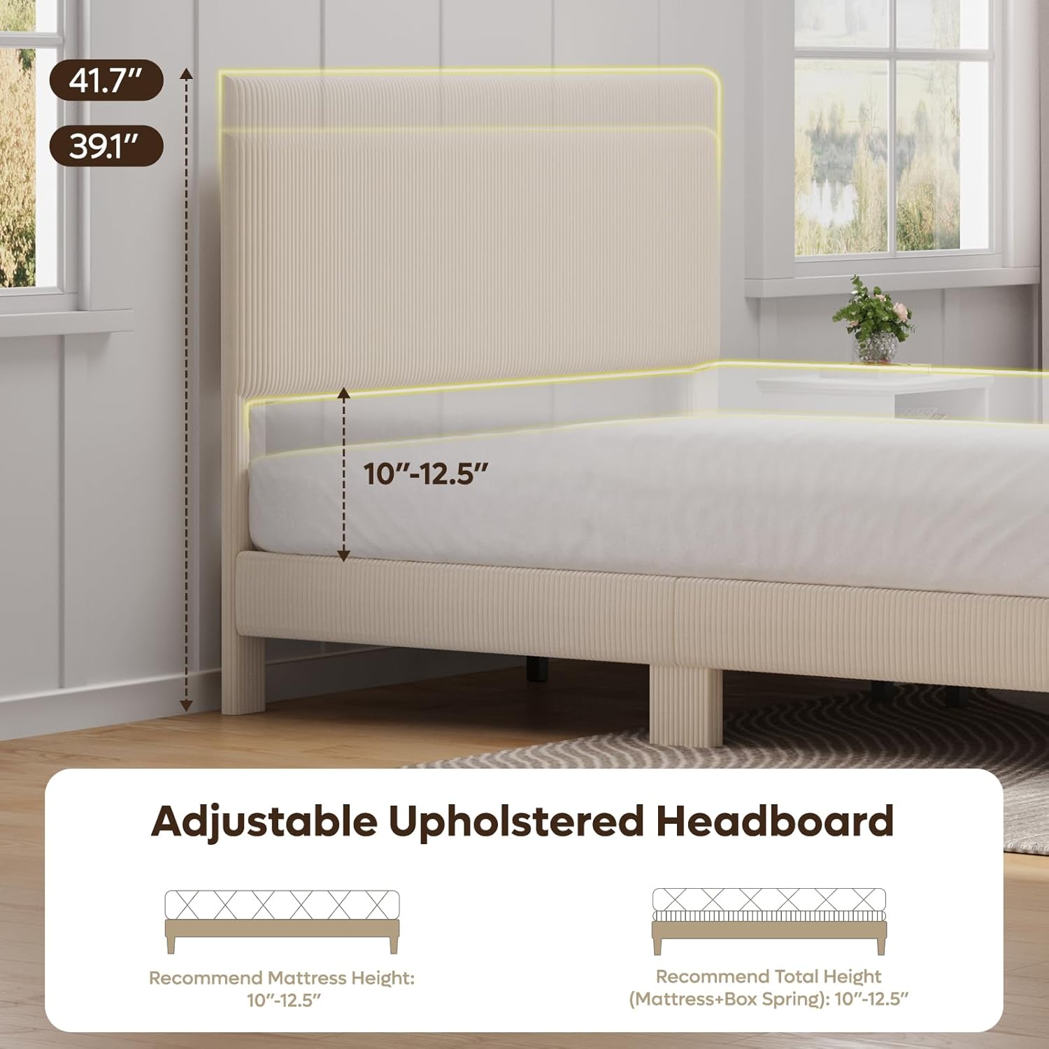 Bestier Queen Bed Frame with Headboard,Platform Queen Size Bed Frame with LED Lighting,Bed Frame Wooden Slats Support,No Box Spring Needed,Never Squeaks, Easy Assembly,Beige