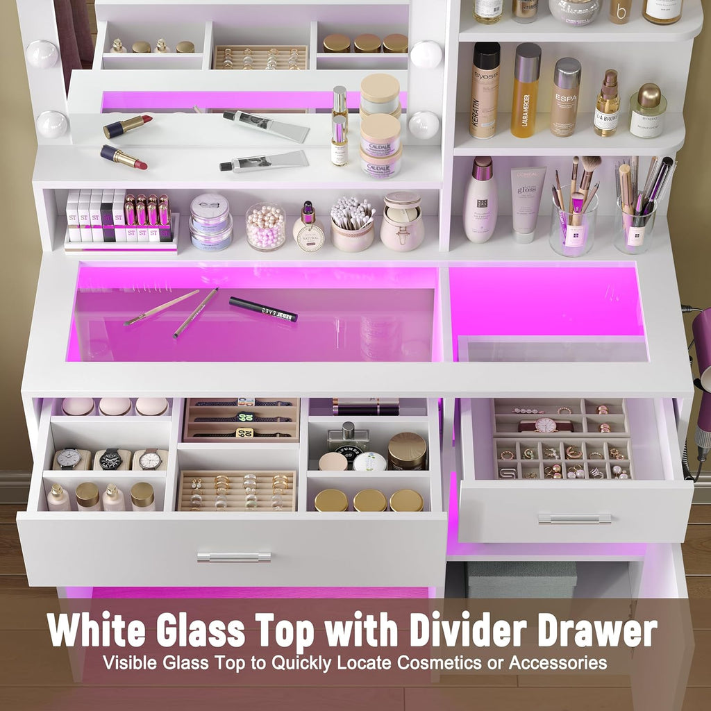 White Vanity Desk with Mirror and Lights, Vanitys with Glass Top & Power Outlet, Dressing Table with 36 Lighting Modes Brightness Adjustable RGB Drawers, for Women Girls Bedroom (White)