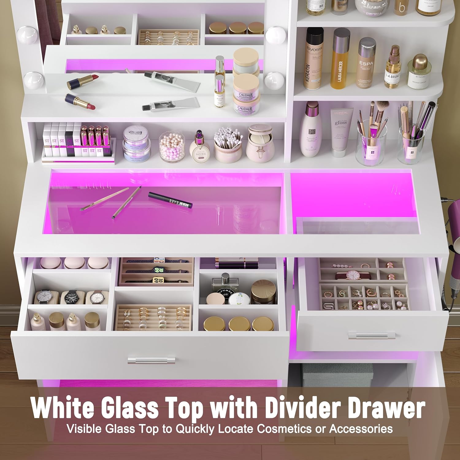 White Vanity Desk with Mirror and Lights, Vanitys with Glass Top & Power Outlet, Dressing Table with 36 Lighting Modes Brightness Adjustable RGB Drawers, for Women Girls Bedroom (White)