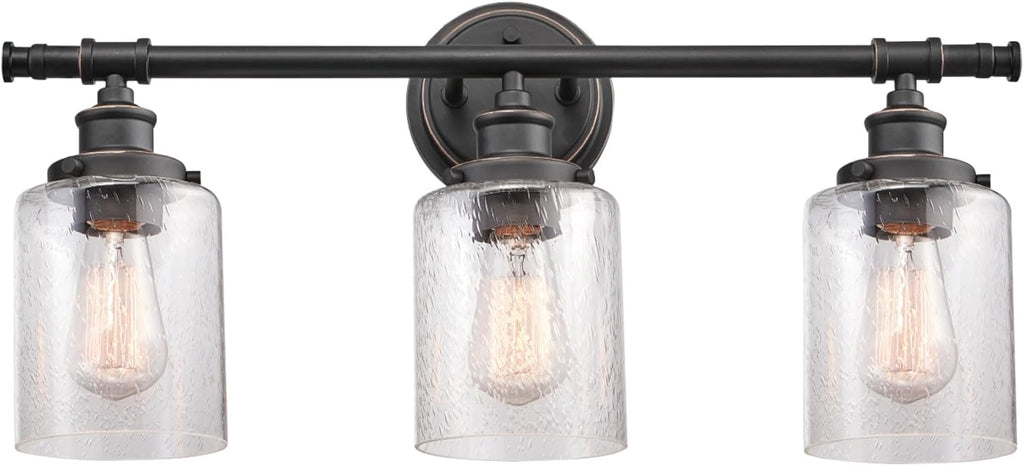 Globe Electric 51415 Camden 5-Piece All-in-One Bathroom Set, 3 Vanity Light with Seeded Glass Shades, Bar, Towel Ring, Robe Hook, Toilet Paper Holder, Bronze