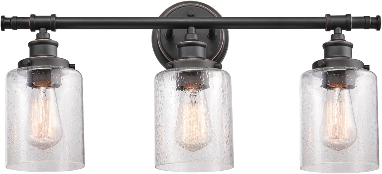 Globe Electric 51415 Camden 5-Piece All-in-One Bathroom Set, 3 Vanity Light with Seeded Glass Shades, Bar, Towel Ring, Robe Hook, Toilet Paper Holder, Bronze