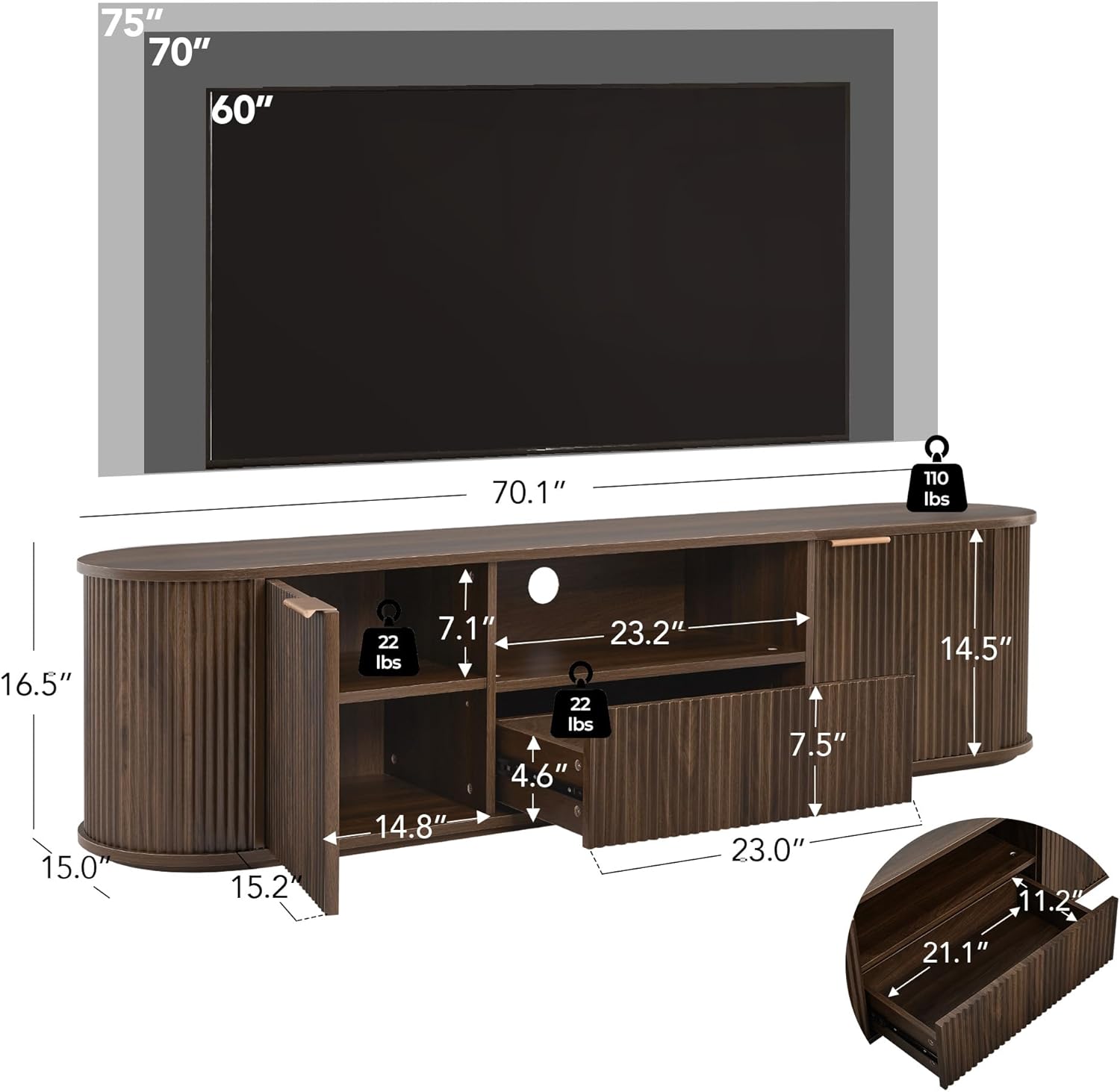 CHITA 70" Fluted TV Stands for Living Room for TVs Up to 80", Mid Century Modern Entertainment Center with Drawers, TV Console for Living Room with Storage and Adjustable Shelves, Walnut