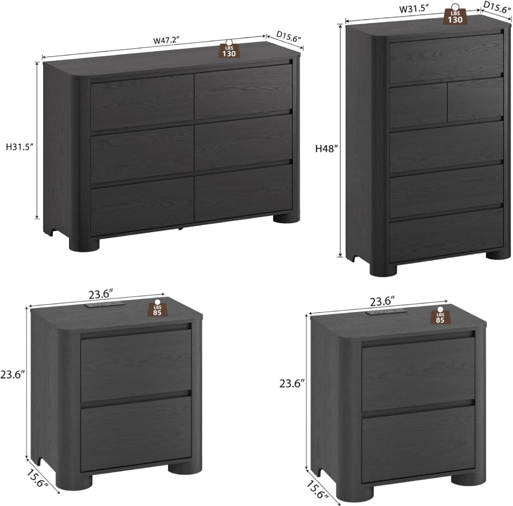 YANSNWO Minimalist Dresser and Nightstand Sets 4 Piece Bedroom Set, Wide & Tall 6-Drawer Dresser & 2 Nightstands with Charging Station, Wooden Bedroom Dresser Sets, Black