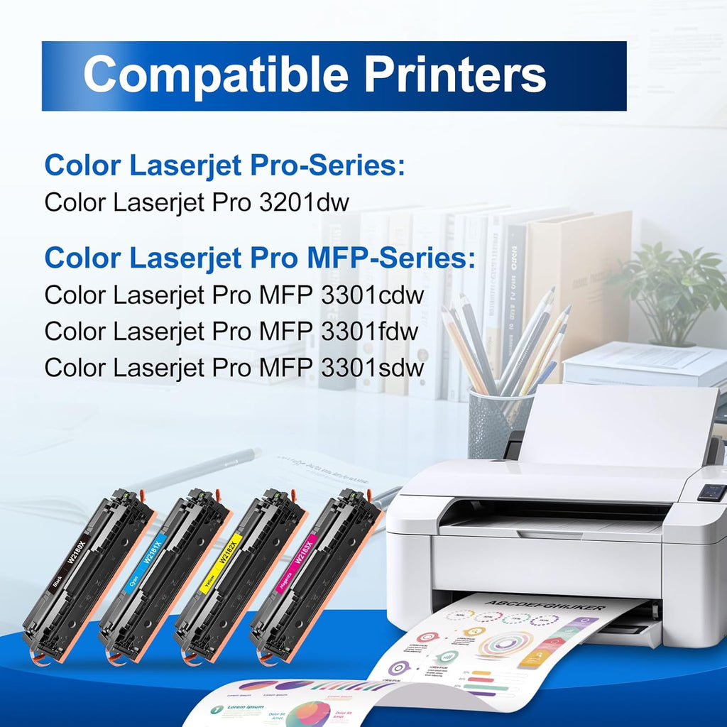 218X Toner Cartridges 4 Pack (With Chip) 3301fdw Replacement for HP 218X 218A Work for HP Color Laserjet Pro MFP 3301fdw 3201dw 3301sdw 3301cdw Printer High Yield Ink W2180X W2180A (4 Pack, B/C/Y/M)