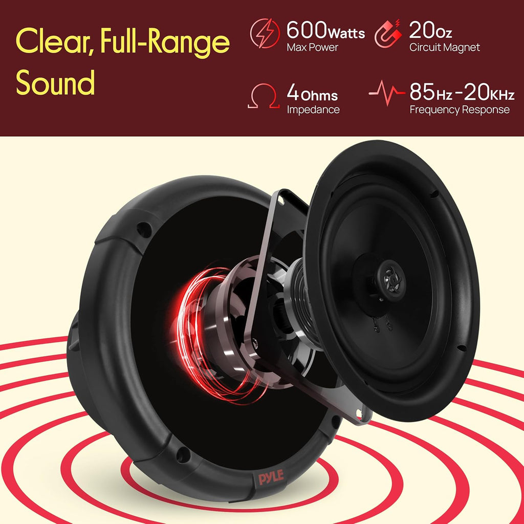6.5'' Dual Marine Speakers Kit - Waterproof-Rated w/Amplified Bluetooth Remote Control Receiver for Powersport Vehicles, IP65 Marine Grade Rating, 600 Watt Max Power - Pyle PLMRKT8