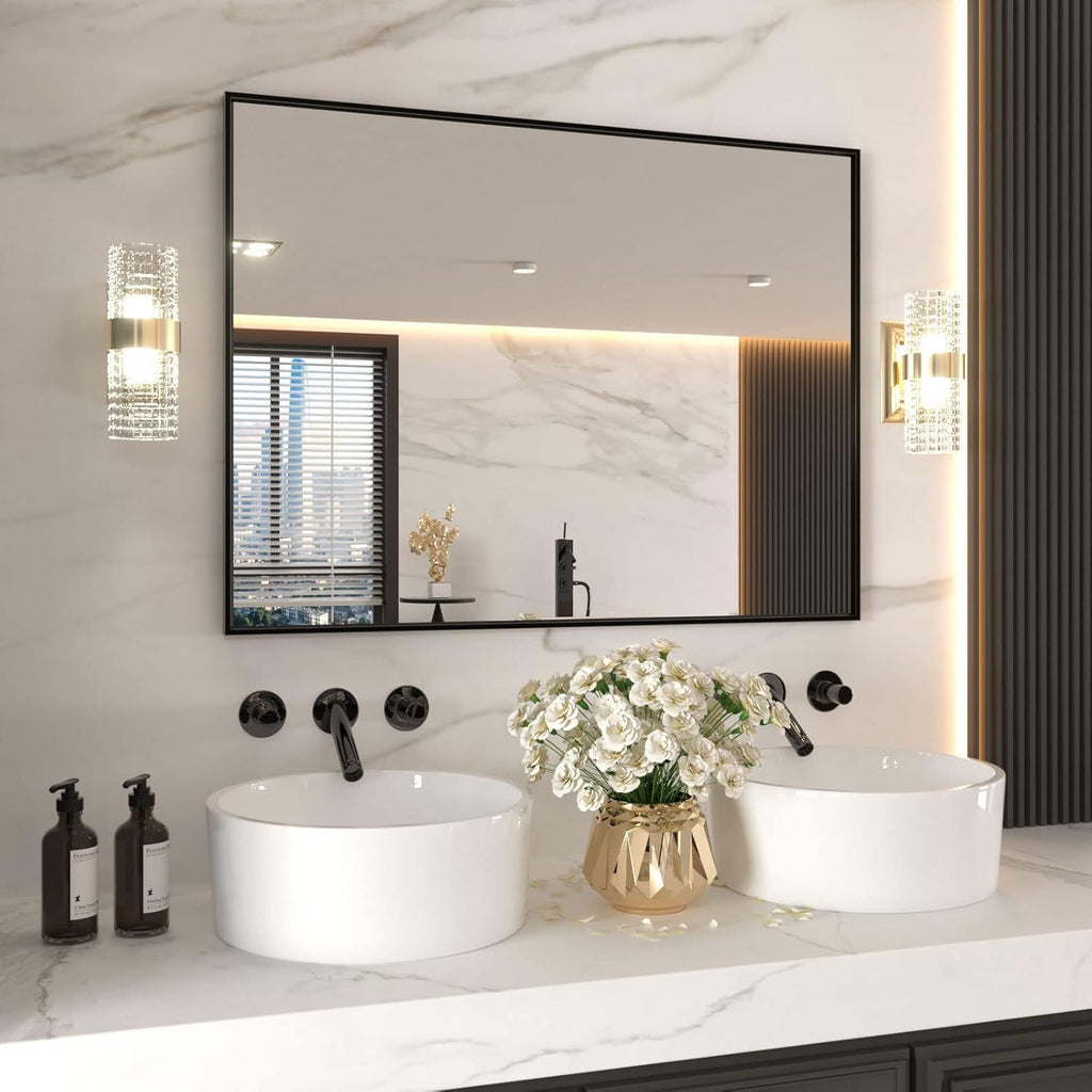 LOAAO 48"X32" Black Rectangle Bathroom Mirror Wall, Matte Black Aluminum Alloy Frame, Tempered Glass, Hangs Vertically or Horizontally, Easy to Install