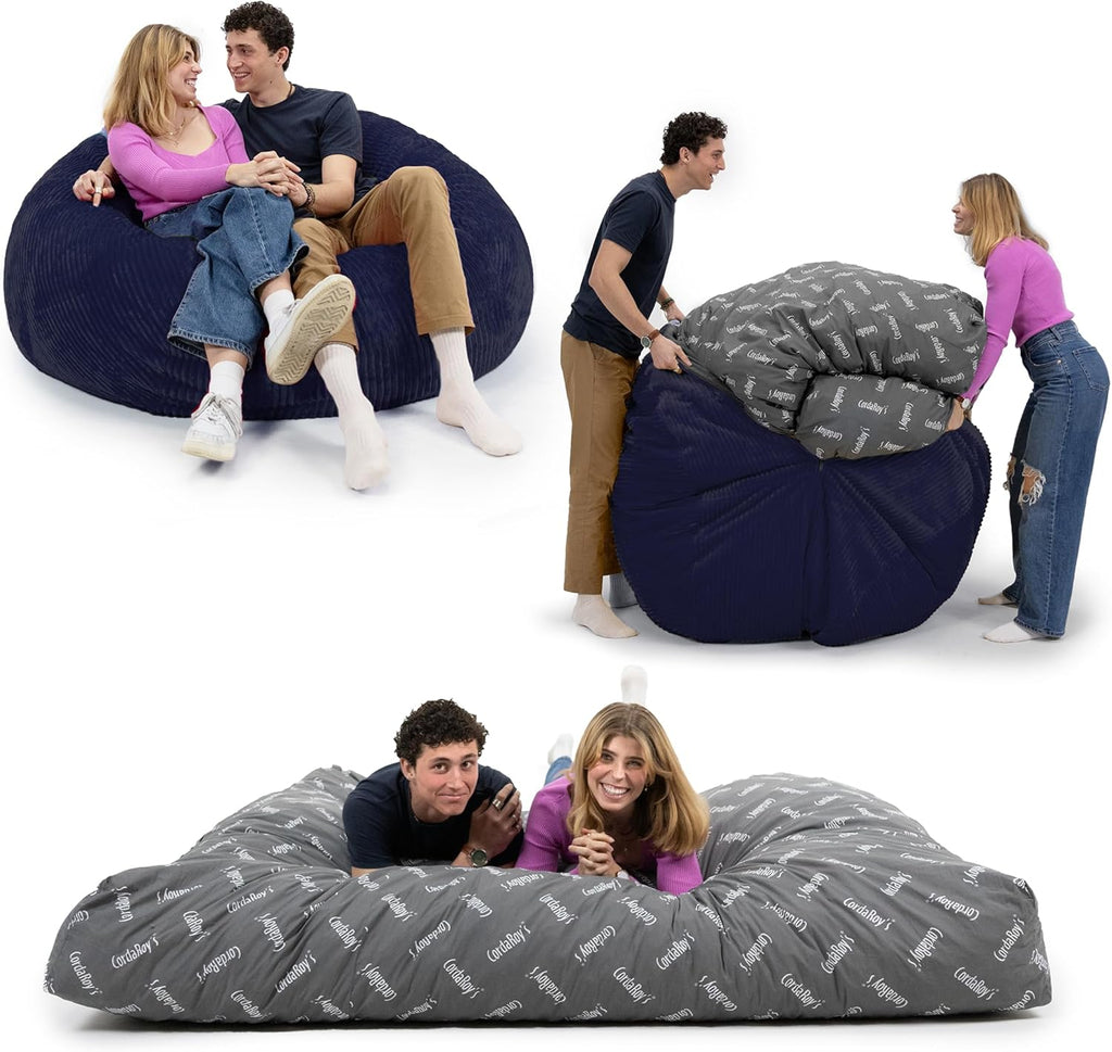 CordaRoy's Plush Bean Bag - Convertible Bean Bag Chair - Machine-Washable Plush Fabric Cover - for Basement, Living Room, Game Room, Dorm & More - Queen Size - Indigo | Made in The USA