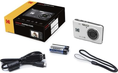 KODAK Pixpro FZ45 Digital Camera Bundle, Includes: SanDisk 64GB SDXC Memory Card, Spare Batteries and Card Reader (4 Items) (White)