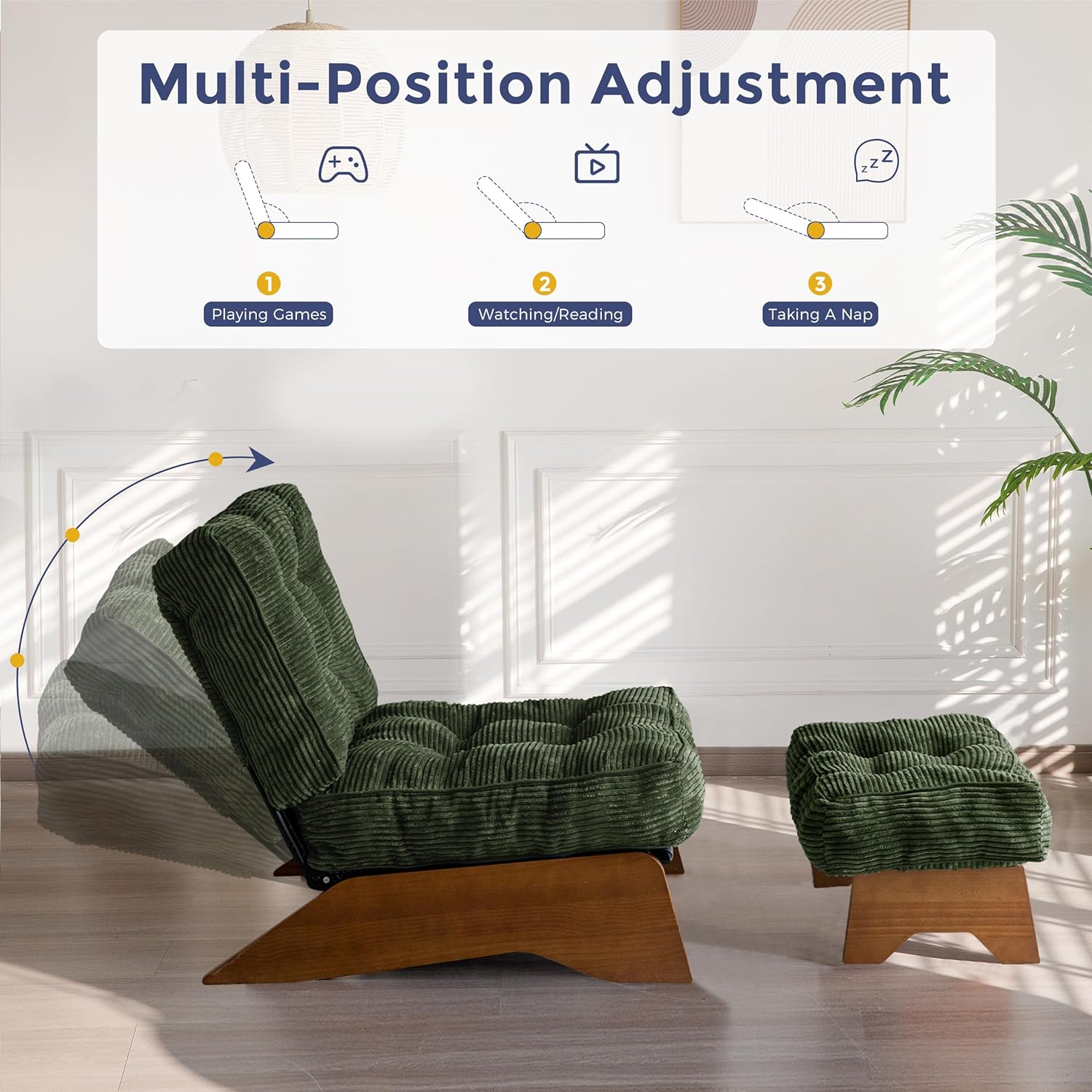 MAXYOYO Accent Chair with Ottoman Adjustable Backrest, Tufted Living Room Chair Upholstered Lounge Chair with Footrest Set, Modern Chair Cozy Reclining Chair for Reading Room, Green