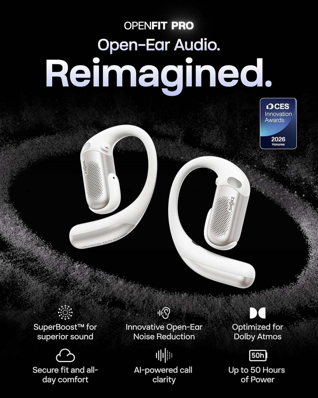 SHOKZ OpenFit Pro Open-Ear True Wireless Earbuds with Open-Ear Noise Reduction, Optimised for Dolby Atmos, Deep Bass, 50H Playtime, AI-Powered Clear Calls for Work, Sport, Bluetooth 6.1, IP55, White