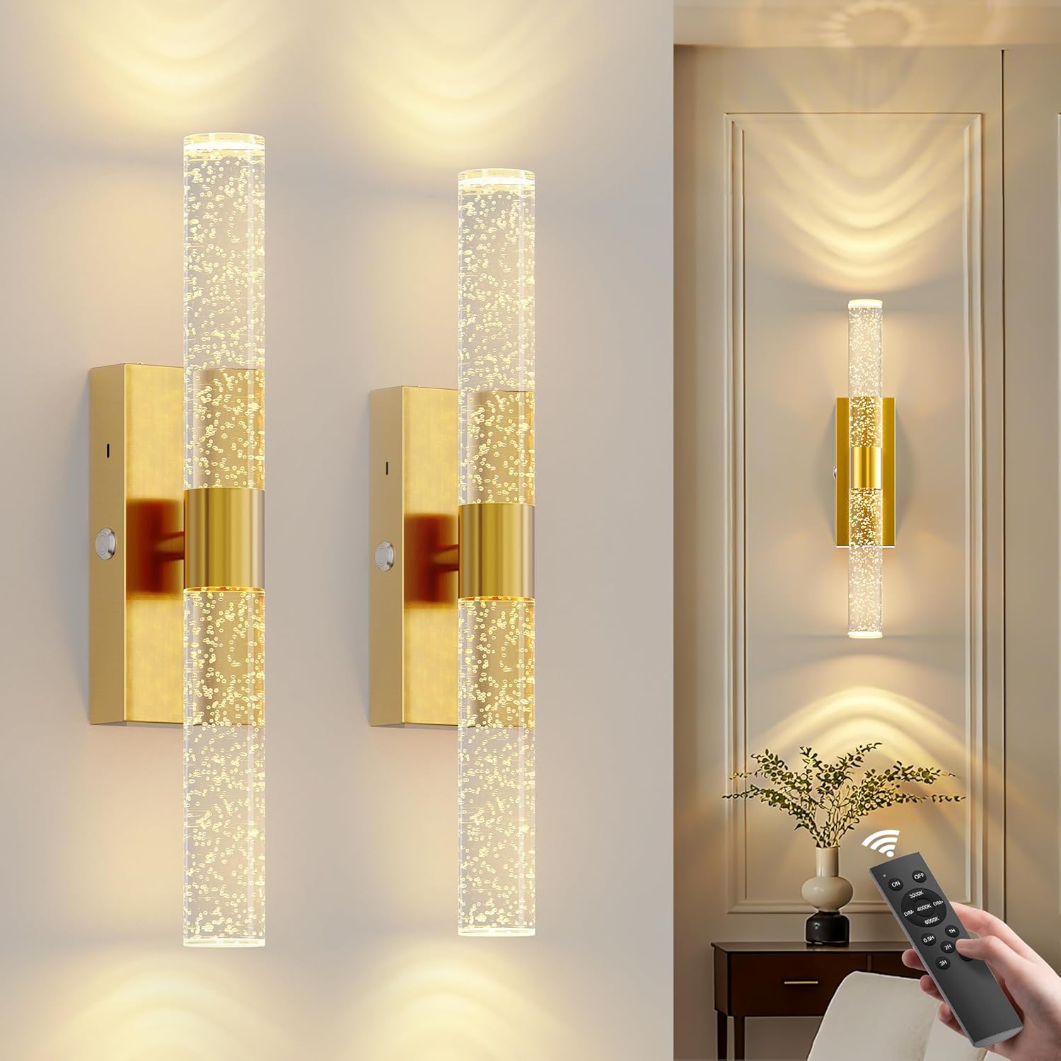 17 Inch Battery Operated Wall Sconces: 20000mAh Rechargeable Wall Lights Set of 2 with Arylic Shade - 3000K-6000K Dimmable Wireless LED Wall Lamp with Remote for Bedroom Bathroom Hallway Living Room