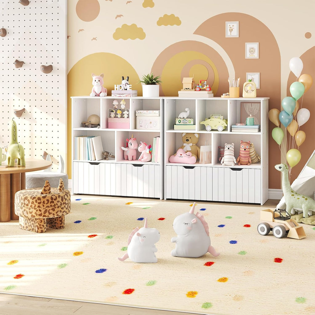 HOOBRO Toy Storage Organizer, Toy Organizers and Storage with 2 Movable Drawers and 5 Cubbies, Toy Chest Shelf for Books or Dolls, Kids Bookshelf and Toy Storage for Playroom, White WT88CW01