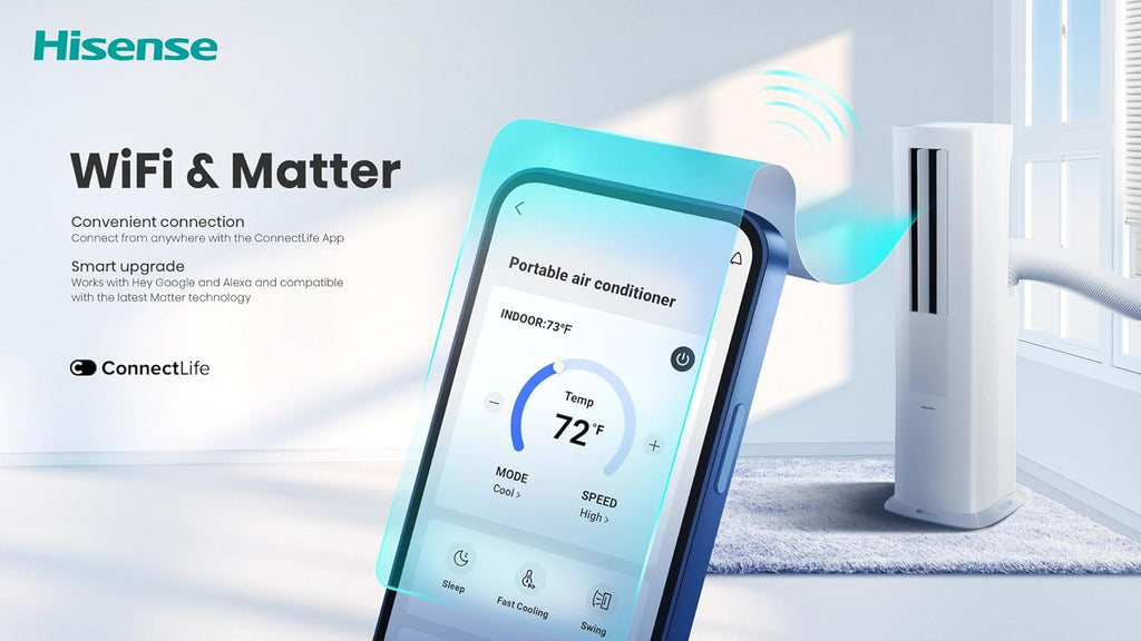 Hisense 8000 BTU 350 Sq. Ft. with Inverter Compressor, Dual Hose Portable Tower Air Conditioner HIAP0825TWD, up to 350 Sq Ft., Wi‑Fi app control for Alexa/Google, Oscillating - HIAP0825TWD