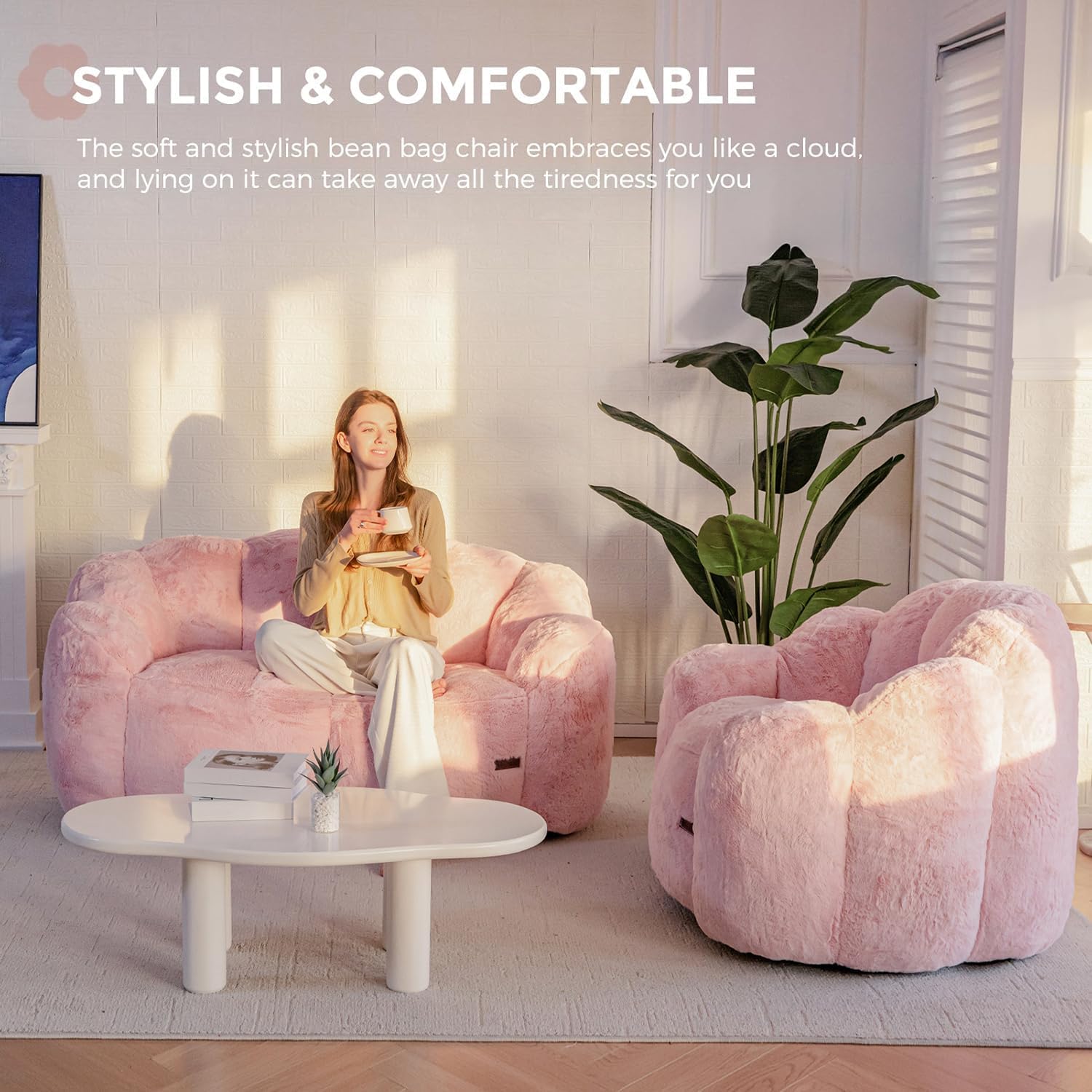 MAXYOYO Bean Bag Chair for Adults, Floral Shaped Bean Bag Sofa, Ultra Soft Faux Fur Floor Sofa, Large Reading Chair for Living Room Bedroom, Pink, Single