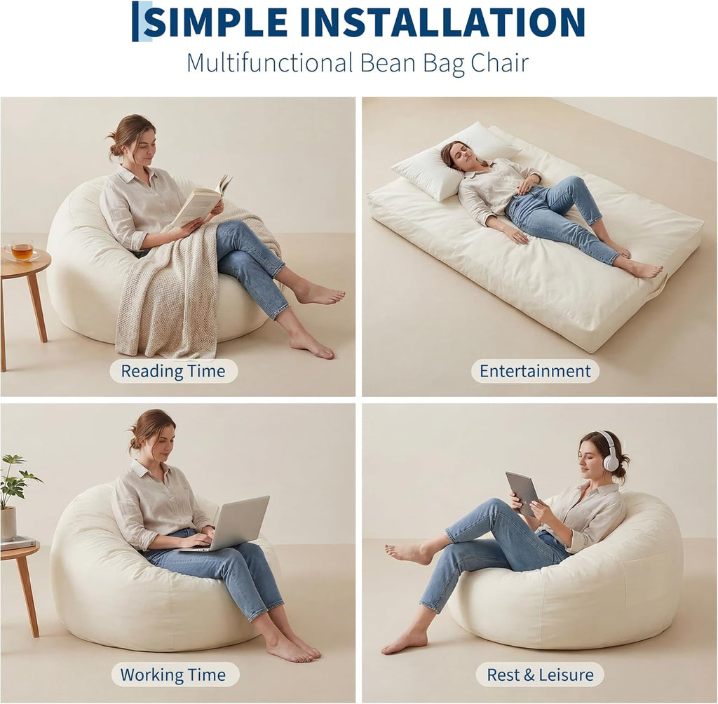 4 in 1 Adult Bean Bag Chair, 4ft Large Beanbag Chair with High Rebound Memory Foam Filler and Removable Cover, Oversized Comfy Flannel Bean Bag Couch Bed Lazy Sofa for Adults Teens, Beige