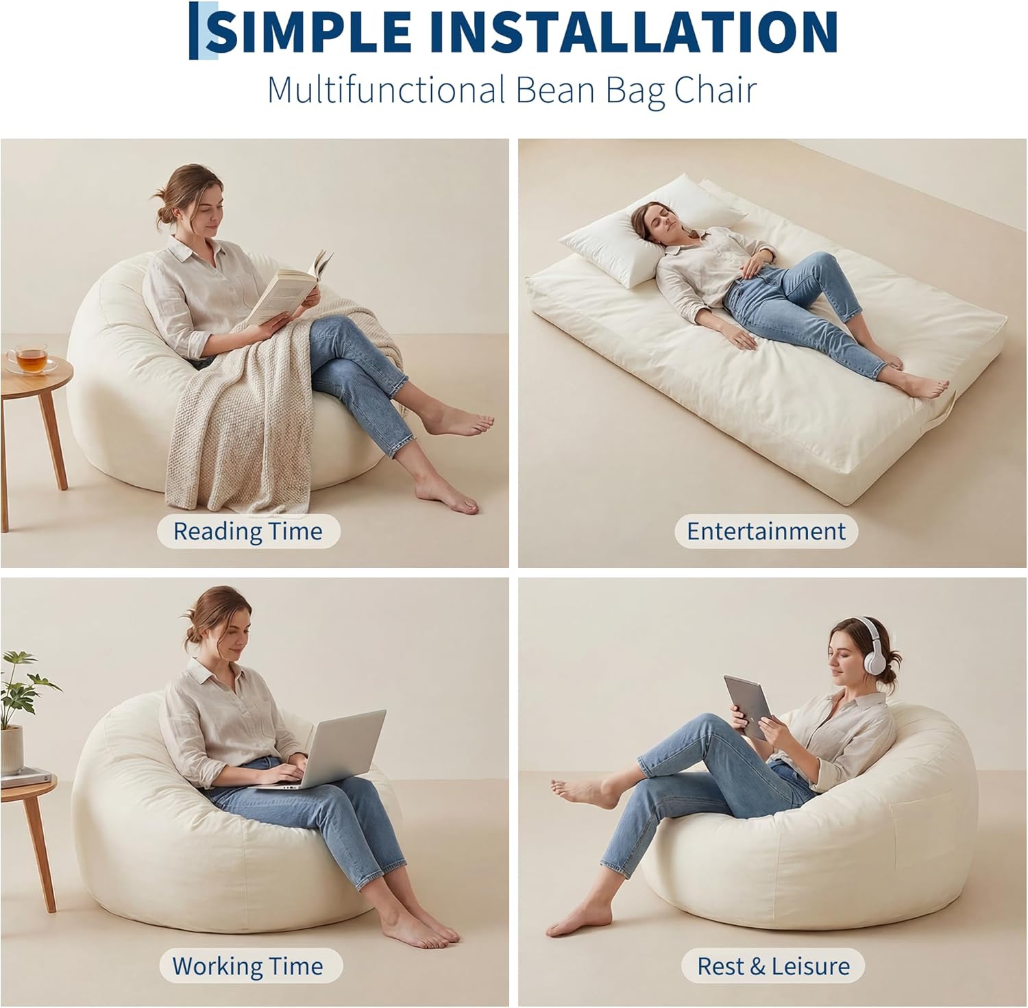 4 in 1 Adult Bean Bag Chair, 4ft Large Beanbag Chair with High Rebound Memory Foam Filler and Removable Cover, Oversized Comfy Flannel Bean Bag Couch Bed Lazy Sofa for Adults Teens, Beige