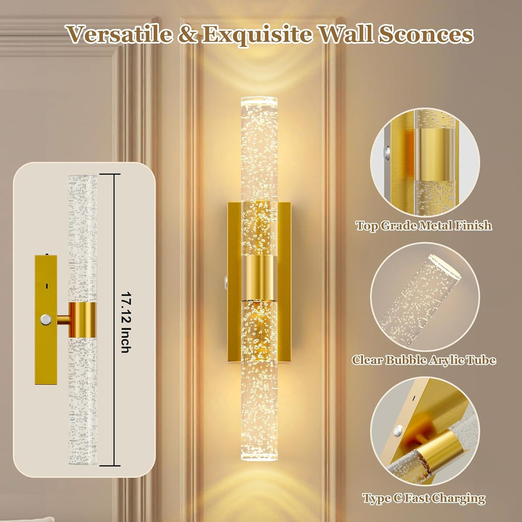 17 Inch Battery Operated Wall Sconces: 20000mAh Rechargeable Wall Lights Set of 2 with Arylic Shade - 3000K-6000K Dimmable Wireless LED Wall Lamp with Remote for Bedroom Bathroom Hallway Living Room