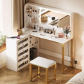 DWVO Vanity Desk with Light and Mirror, 3 Lighting Modes, L-Shaped Corner Vanity Table, 48" Large Dressing Table with 5 Tempered Glass Drawers with Open Storage Shelves