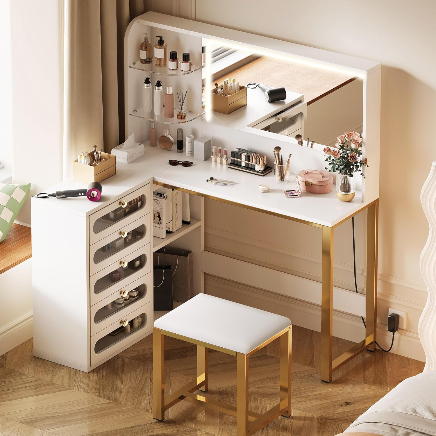DWVO Vanity Desk with Light and Mirror, 3 Lighting Modes, L-Shaped Corner Vanity Table, 48" Large Dressing Table with 5 Tempered Glass Drawers with Open Storage Shelves
