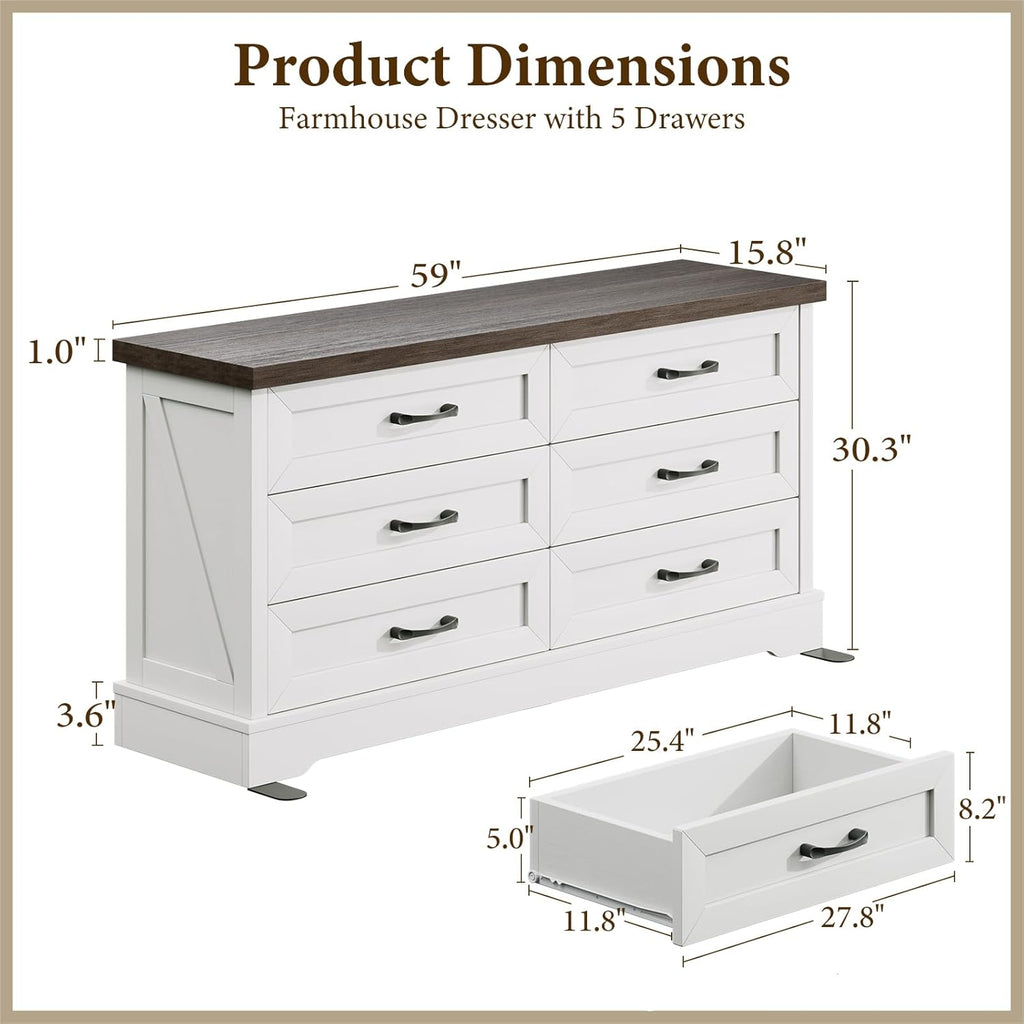 AODK Farmhouse 6-Drawer Dresser for Bedroom, Heavy-Duty Storage Chest with Extra Thick Boards & Metal Handles, Sturdy Chest of Drawers, Anti-Tipping Safety Certified, White & Walnut