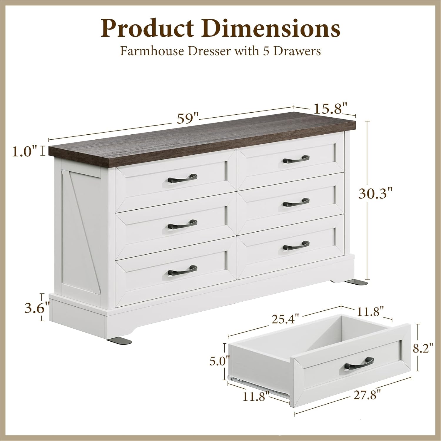AODK Farmhouse 6-Drawer Dresser for Bedroom, Heavy-Duty Storage Chest with Extra Thick Boards & Metal Handles, Sturdy Chest of Drawers, Anti-Tipping Safety Certified, White & Walnut