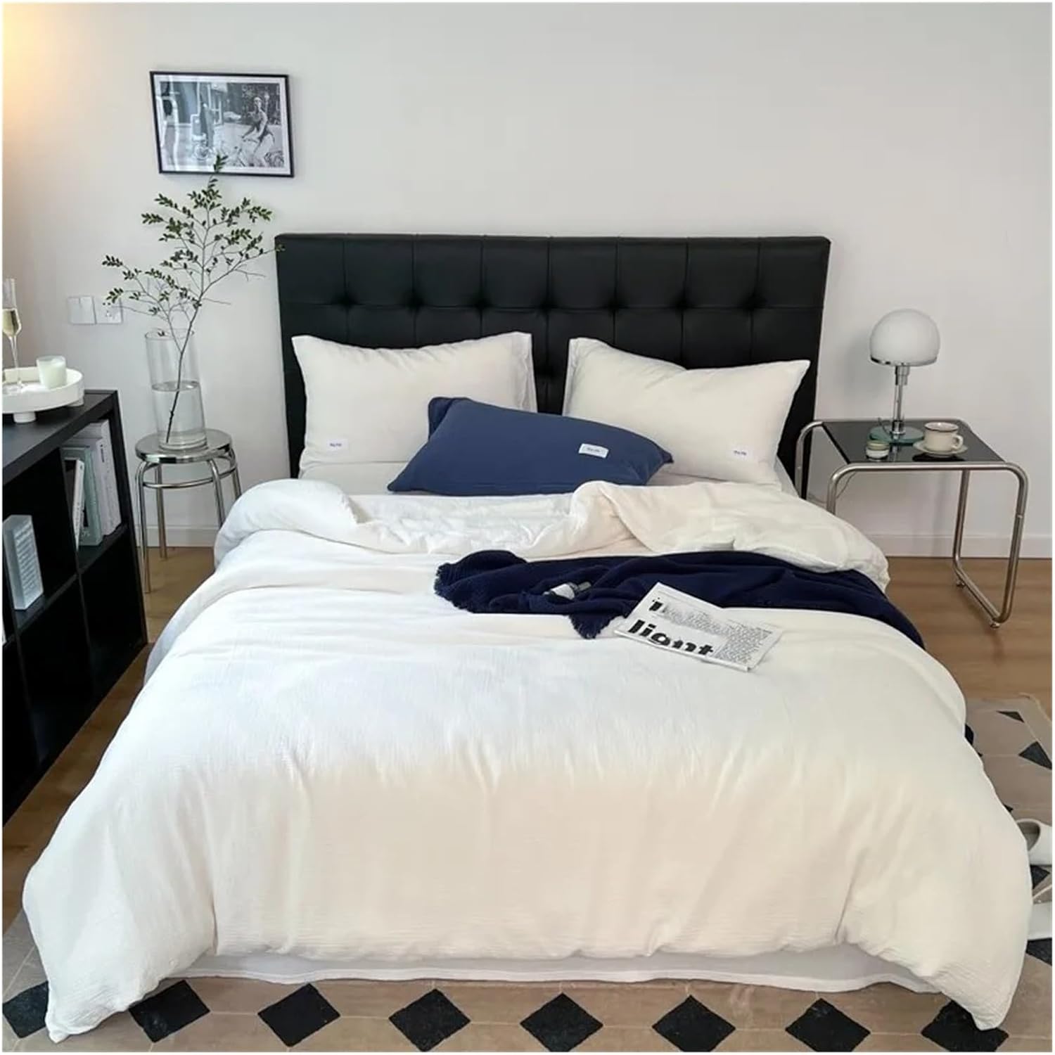 Bed, Natural 100% Cotton Linen Feel Soft Comfortable 4Pcs Bedding Set Solid Twin Queen Duvet Cover Flat/Fitted Sheet Pillowcases