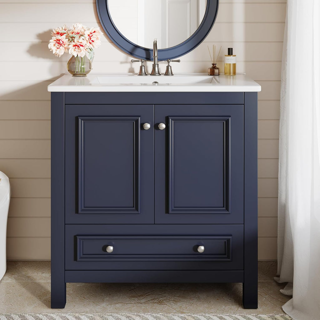 Tribesigns Modern Bathroom Vanity with Sink, Freestanding Bathroom Vanities Cabinet with Ceramic Basin Combo, Bathroom Sink Cabinet with 2 Doors and 1 Drawer, Solid Wooden Frame (Navy Blue, 30 INCH)