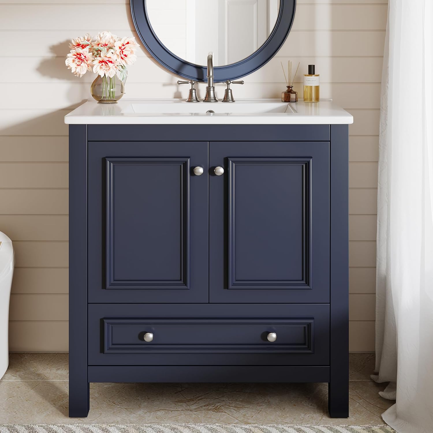 Tribesigns Modern Bathroom Vanity with Sink, Freestanding Bathroom Vanities Cabinet with Ceramic Basin Combo, Bathroom Sink Cabinet with 2 Doors and 1 Drawer, Solid Wooden Frame (Navy Blue, 30 INCH)
