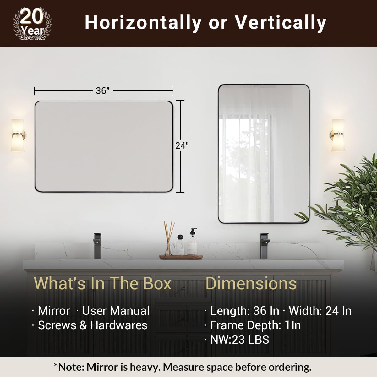 ANDY STAR Gold Bathroom Mirror, 24x36 Brushed Brass Rectangle Metal Frame Mirror for Bathroom, Modern Rectangular Wall Mounted Mirror for Vanity