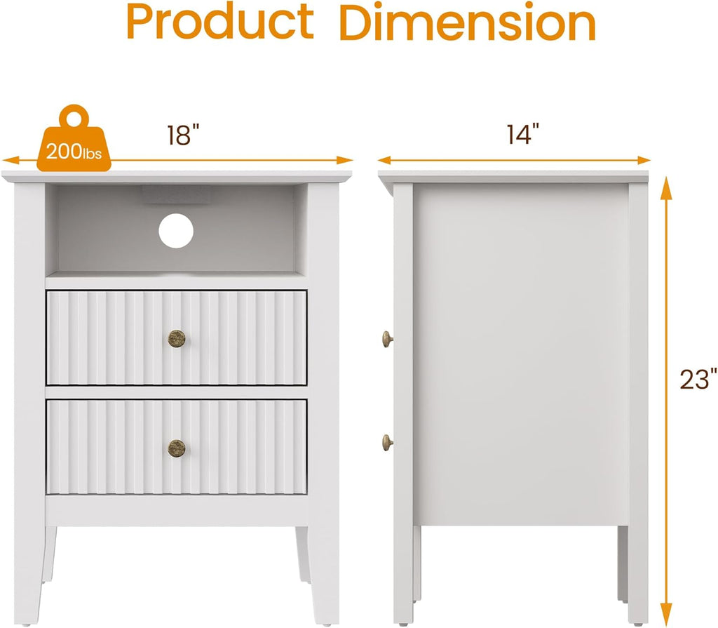 RoyalCraft Fluted Nightstand Set of 2 with Charging Station, White End Table with 2 Silent Slide Drawers & Storage Shelf, Modern Side Table, Wood Night Stand Cabinet for Bedroom