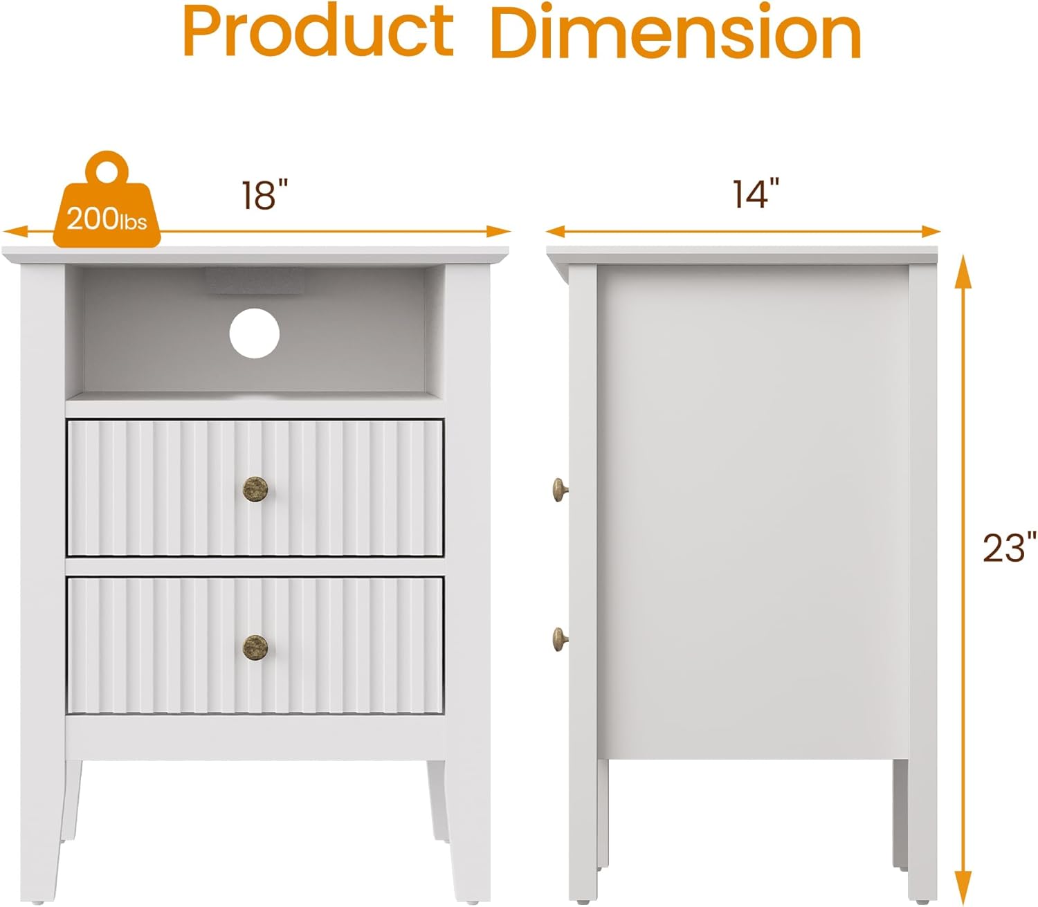 RoyalCraft Fluted Nightstand Set of 2 with Charging Station, White End Table with 2 Silent Slide Drawers & Storage Shelf, Modern Side Table, Wood Night Stand Cabinet for Bedroom
