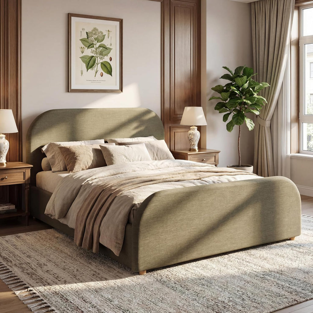 Merax Queen Size Bed Frame, Upholstered Linen Platform Bed with 43.7" Tall Headboard & Footboard, Solid Wood Base, Soft Curved Edges Design Queen Bedframe, No Box Spring Needed, Easy Assembly, Green
