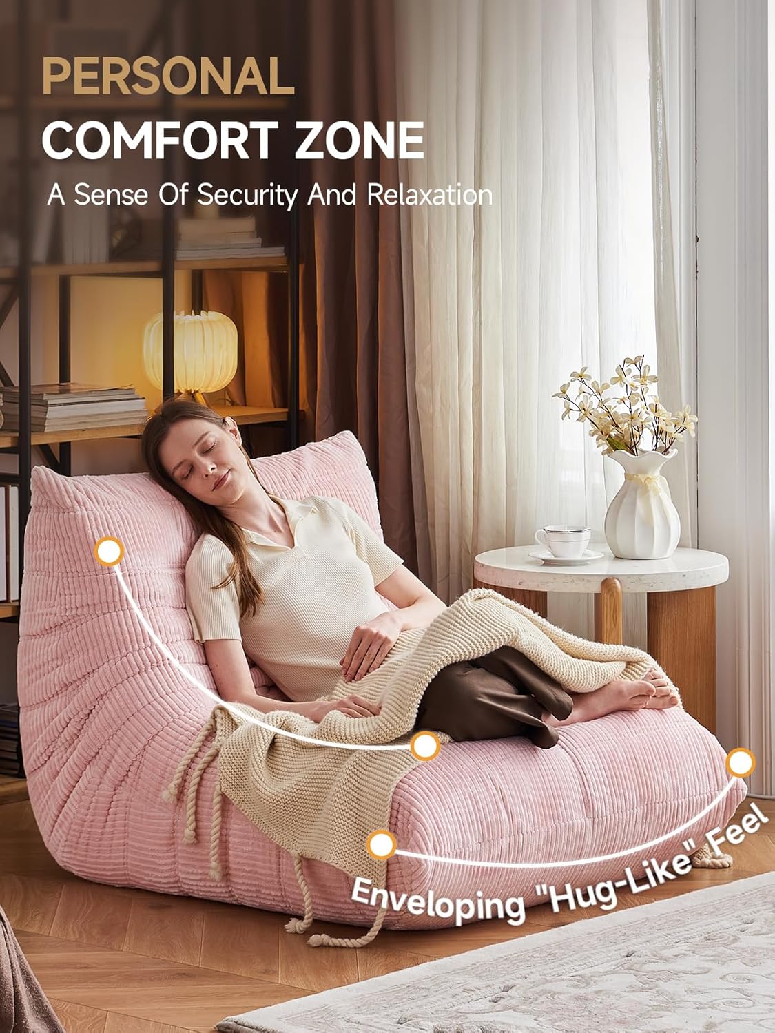 ZCUBED Large Bean Bag Chairs for Adults, Memory Foam Lounge Chair, Soft Corduroy Big Bean Bag Chair Lazy Sofa, Comfy Floor Beanbag Chair Single Sofa for Bedroom Living Room Fireside Book Nook, Pink