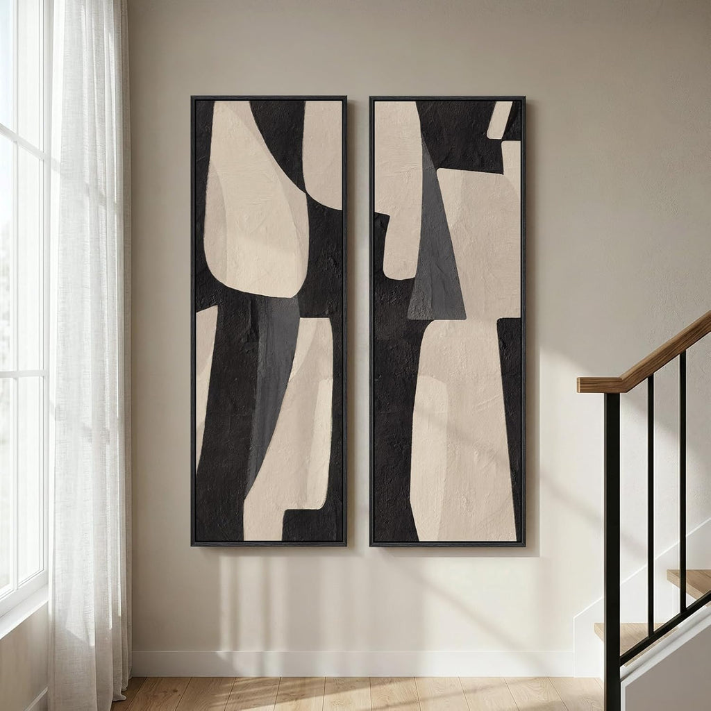 Long Narrow Framed Neutral Abstract Vertical Wall Art, Set of 2 Modern Canvas Prints Paintings Artwork for Walls, Black and Beige Minimalist Pictures Living Room Bedroom Hallway Entryway Wall Decor