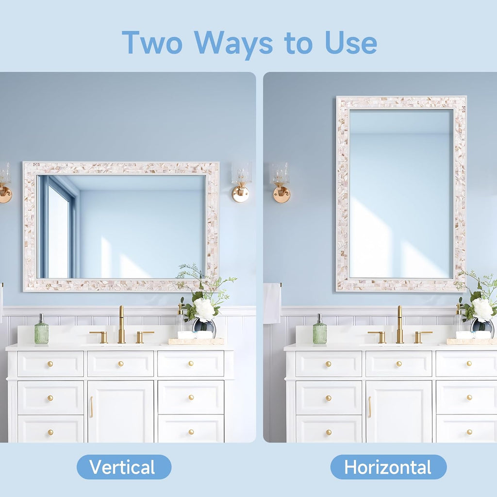 Tanmicoshomy 30 x 40 Inch White Bathroom Mirror, Coastal Natural Shell Framed Rectangle Mirrors for Bedroom, Living Room Wall Decor, Horizontal or Vertical Hanging