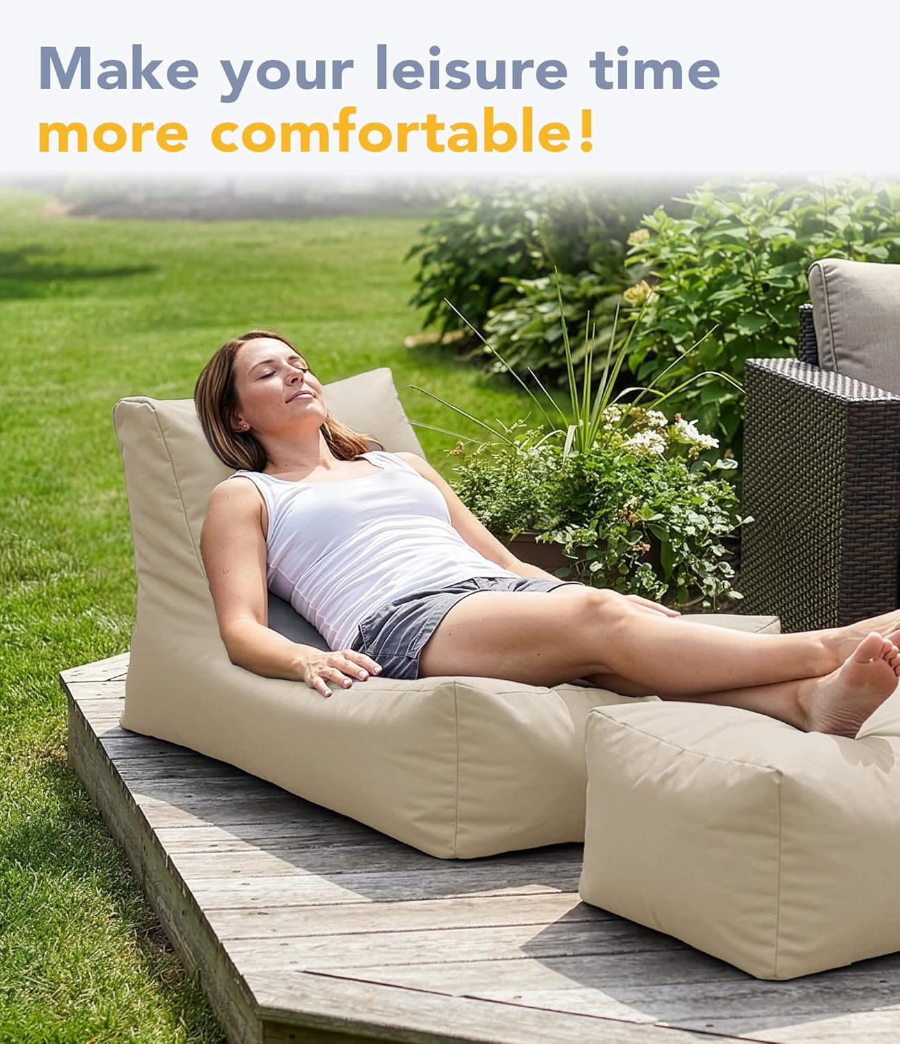 Outdoor Bean Bag Chair Lounger - Small Beanbag Floor Sofa with Shredded Foam Filling, Splash-Proof Detachable Zipper Cover for Patio Poolside Area Relaxing, Beige