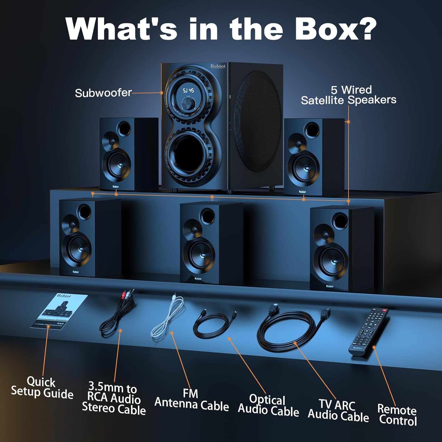 Bobtot Surround Sound Systems 1400 Watts Peak Power Home Theater Speakers - 12" Subwoofer Strong Bass 5.1 Wired Loud Stereo Audio System with ARC Optical Bluetooth Input for TV