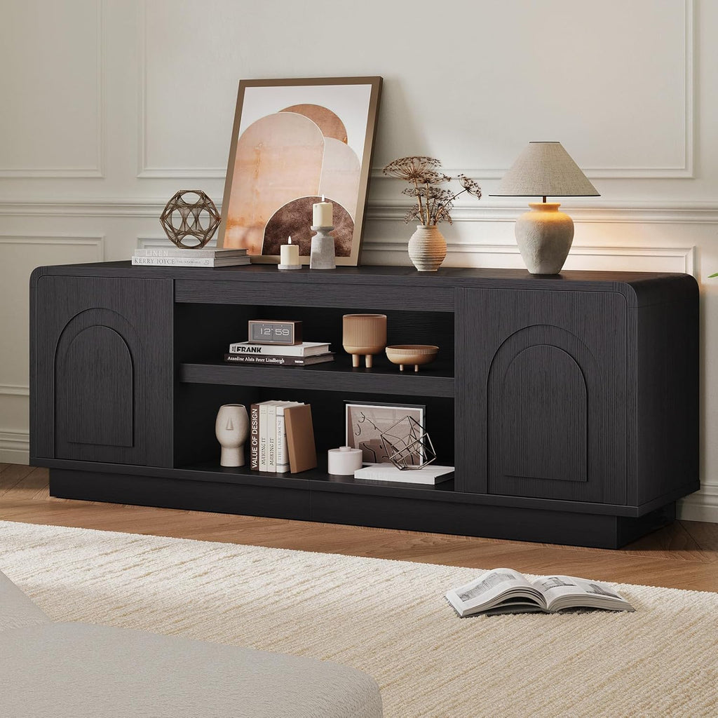 Bestier 63" Mid Century Modern TV Stand for Living Room, Wood Media Console Cabinet for TVs up to 70", Entertainment Center with 2 Arched Doors, Adjustable Shelves & 6 Cable Holes, Black