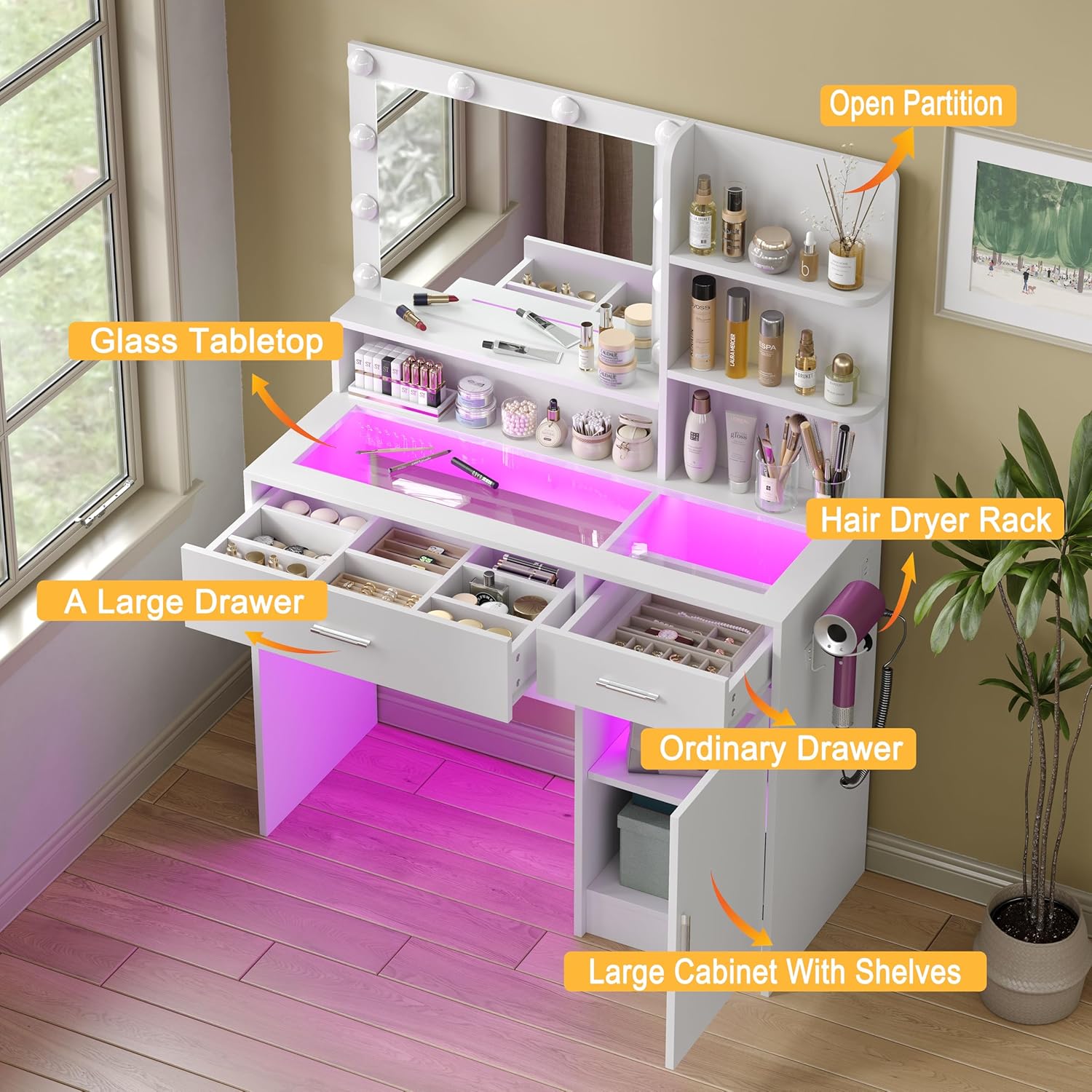 White Vanity Desk with Mirror and Lights, Vanitys with Glass Top & Power Outlet, Dressing Table with 36 Lighting Modes Brightness Adjustable RGB Drawers, for Women Girls Bedroom (White)