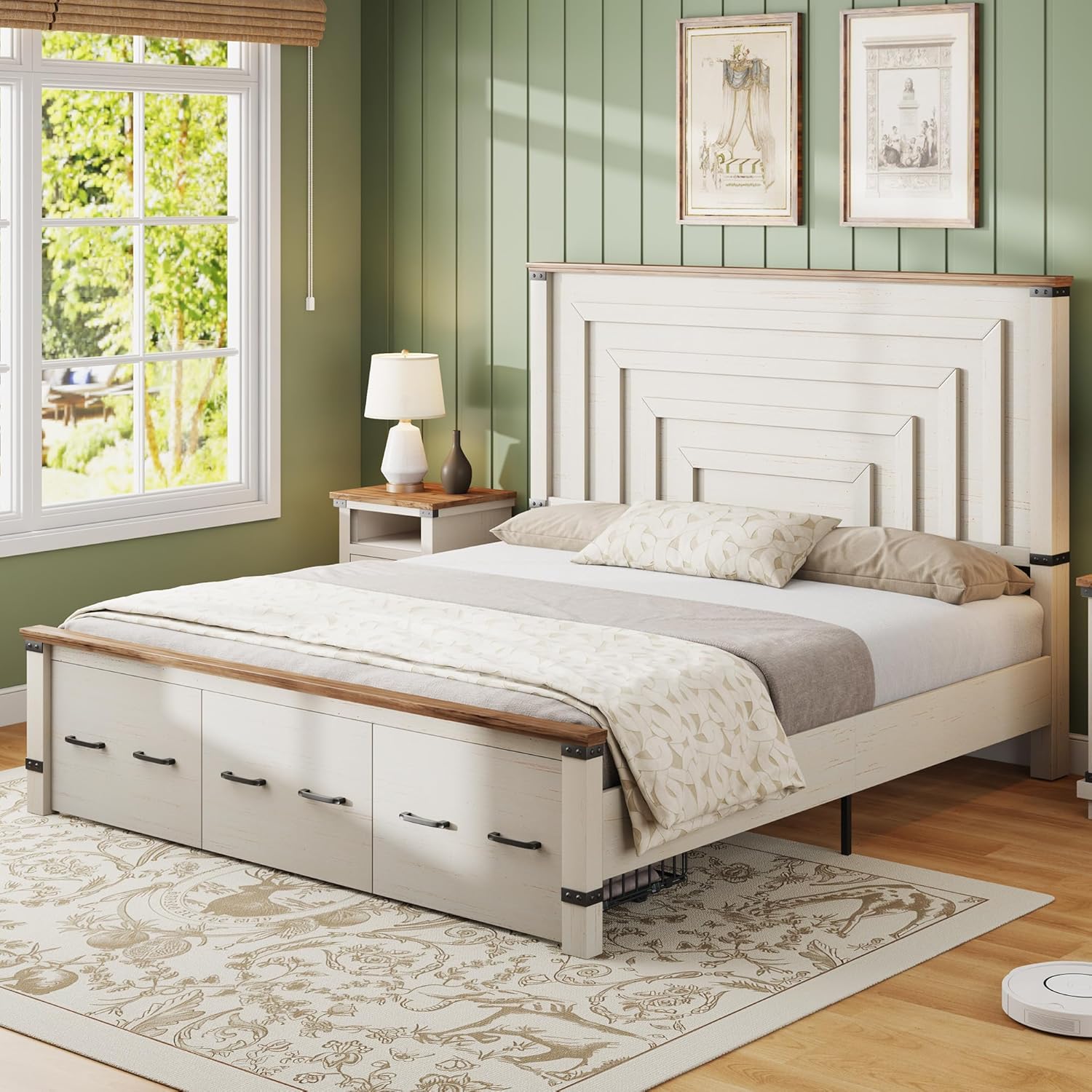 AMERLIFE Farmhouse 2-Pieces Wood Bedroom Set, Including Rustic King Size Bed Frame with 51" Tall Headboard, 6 Drawers Large Dresser Chests, Heavy-Duty Thick Plank Styling, Antique White