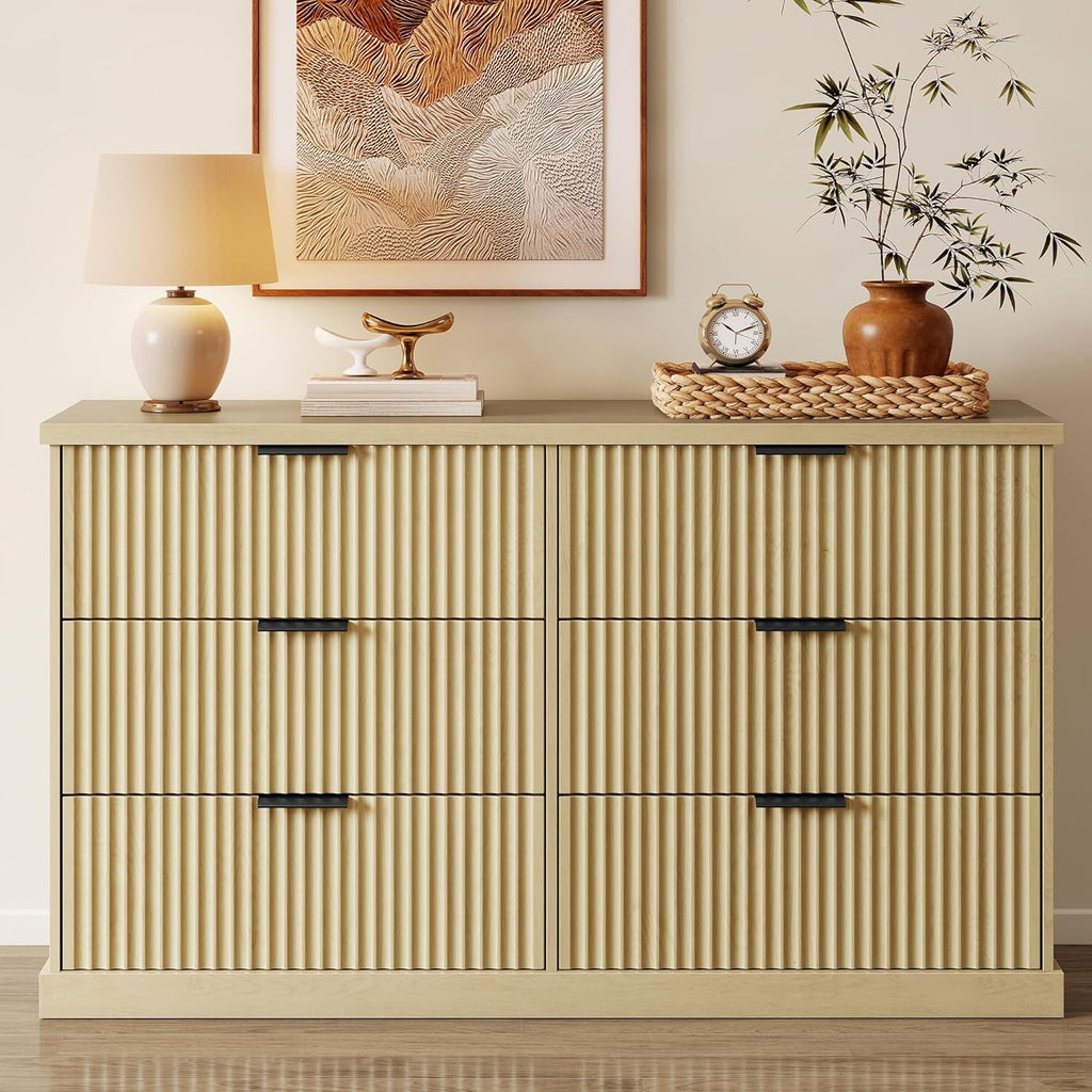 VASAGLE MAXE Collection - 6-Drawer Double Dresser for Bedroom, 54.2-Inch Wide Chest of Drawers, Fluted Panels, Mid Century Modern Storage Dresser, TV Stand for Living Room, Oak Beige ULTS662YC01S
