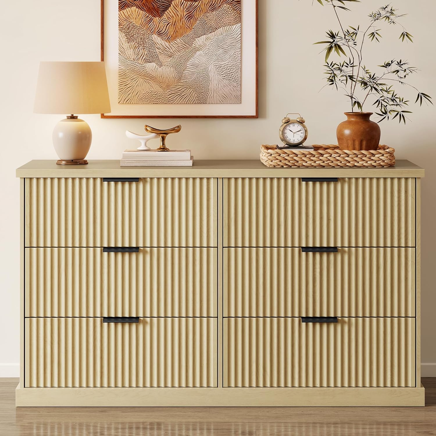 VASAGLE MAXE Collection - 6-Drawer Double Dresser for Bedroom, 54.2-Inch Wide Chest of Drawers, Fluted Panels, Mid Century Modern Storage Dresser, TV Stand for Living Room, Oak Beige ULTS662YC01S