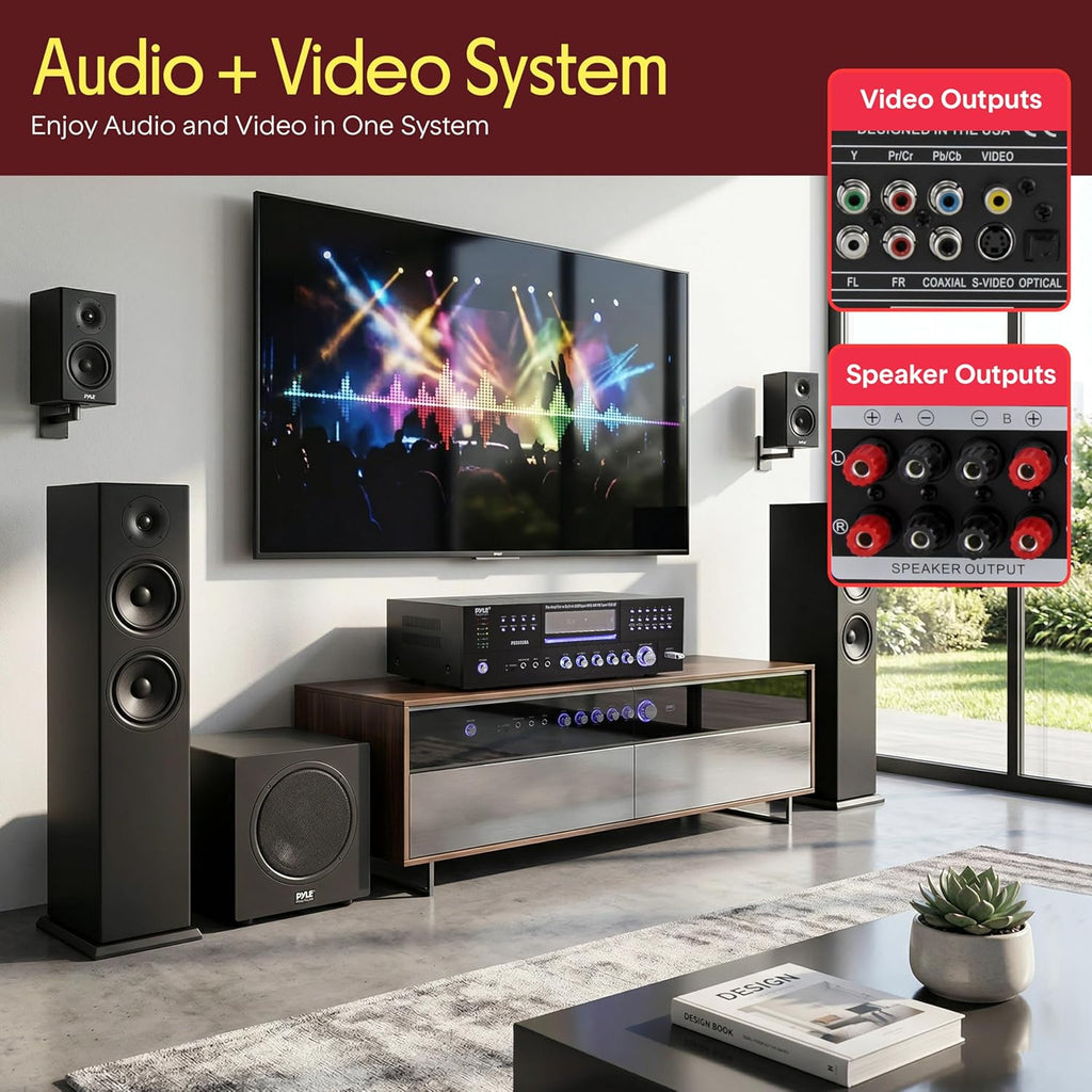 Pyle 4 Channel Bluetooth Home Amplifier - Front Loading DVD/CD Player - 3000W Peak Stereo Receiver - 2 Mic Inputs w/ Echo, FM Radio,Optical In,USB,RCA,Composite, LED Level Meter, Rack Mount - PD3000BA