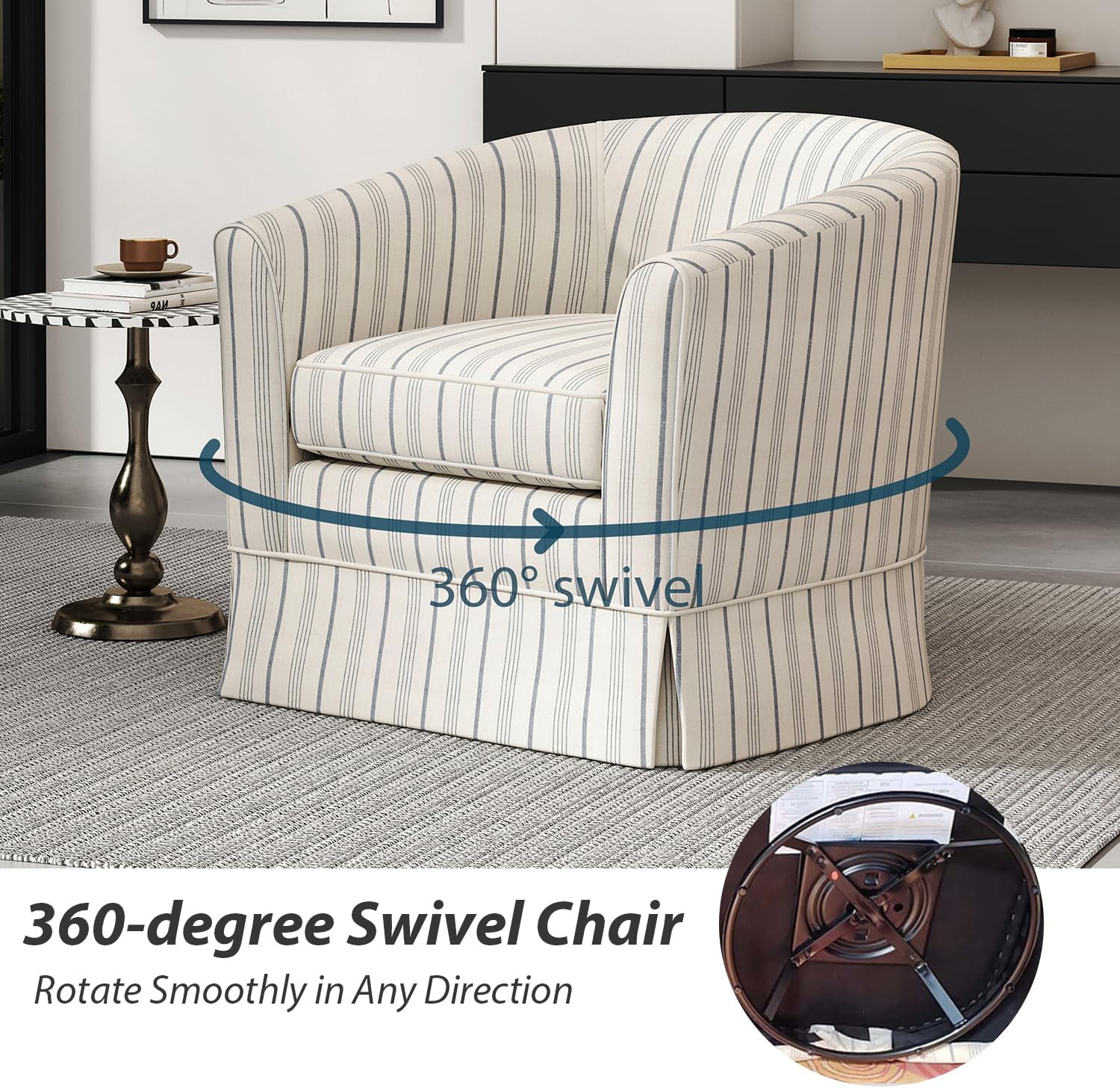 Christopher Knight Home Modern 360-Degree Swivel Accent Chair, Fabric Upholstered Club Chair, Comfy Reading Chair for Living Room, Bedroom Office, Beige/Blue Stripe