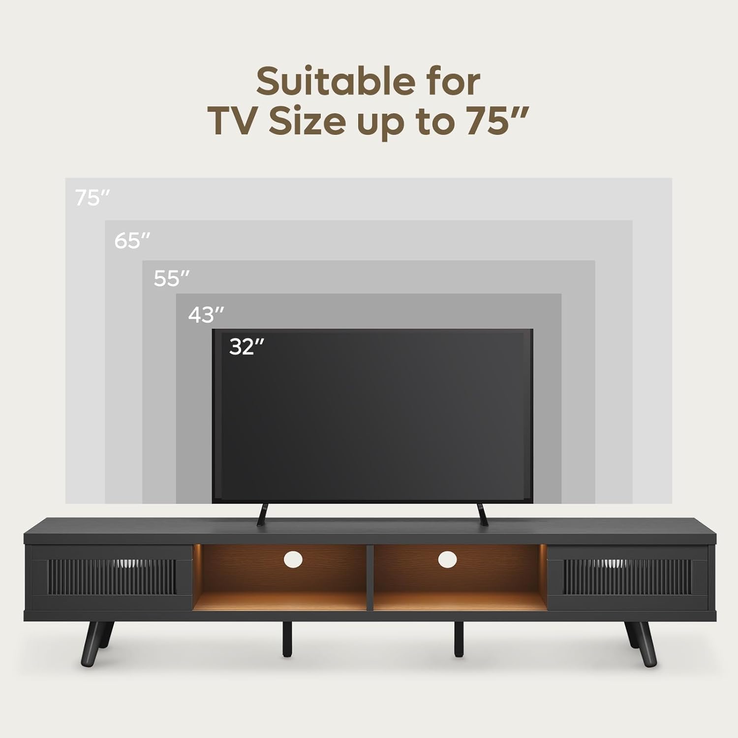 Bestier Mid Century Modern TV Stand for 75 inch TV, LED Entertainment Center with Storage and Sliding Doors, Low Profile TV Consoles for Living Room, Embossed Black