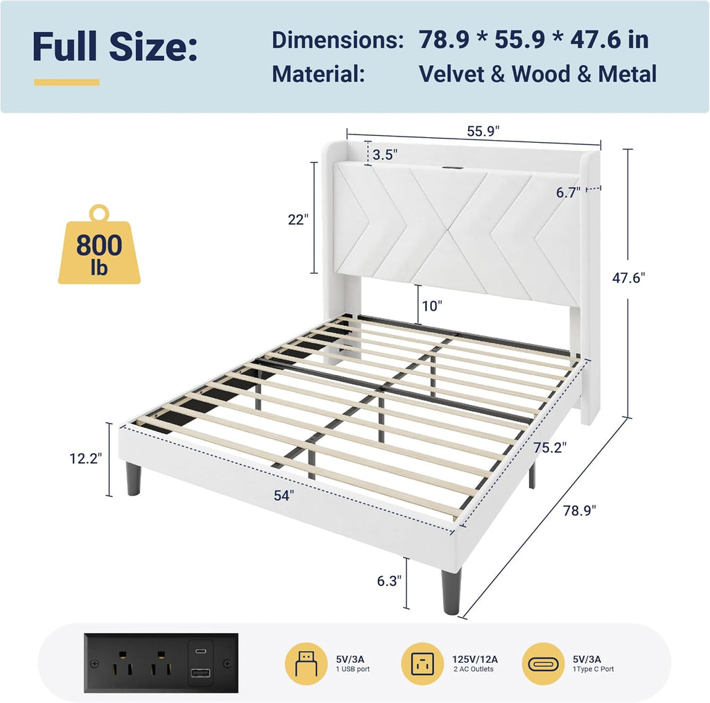 Allewie Full Size Platform Bed Frame with Charging Station and Storage Shelf/Upholstered Velvet Wingback Headboard/Wooden Slats Support/No Box Spring Needed/Easy Assembly, White