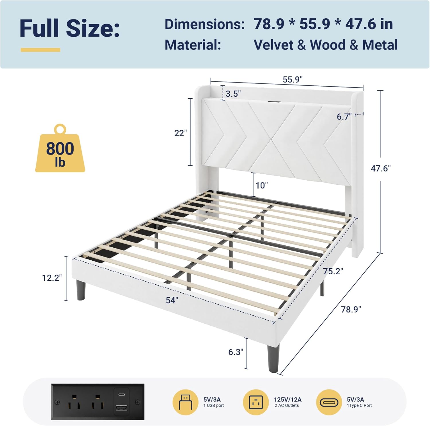Allewie Full Size Platform Bed Frame with Charging Station and Storage Shelf/Upholstered Velvet Wingback Headboard/Wooden Slats Support/No Box Spring Needed/Easy Assembly, White