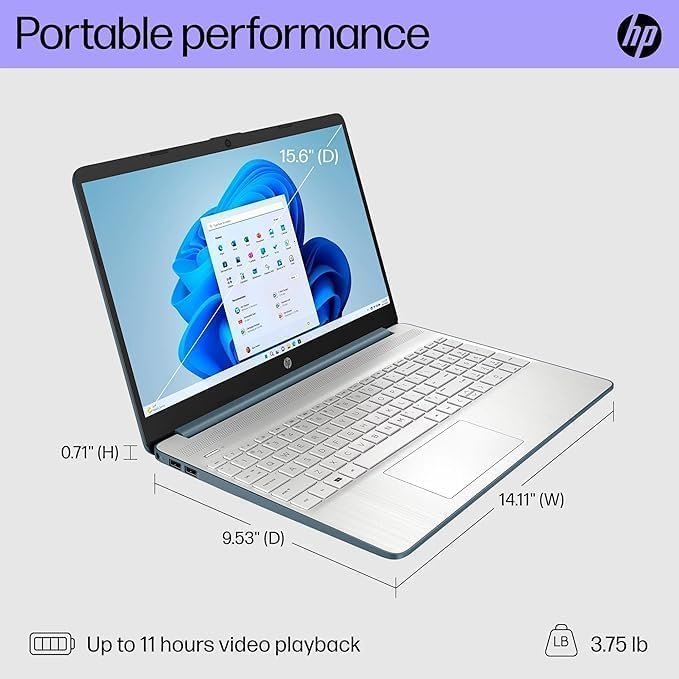 hp 15.6" Portable Laptop, HD Display, Intel Quad-Core Processor, 16GB RAM, 128GB Storage, Wi-Fi 6, Webcam, HDMI, Numeric Keypad, Windows 11 Home, Blue