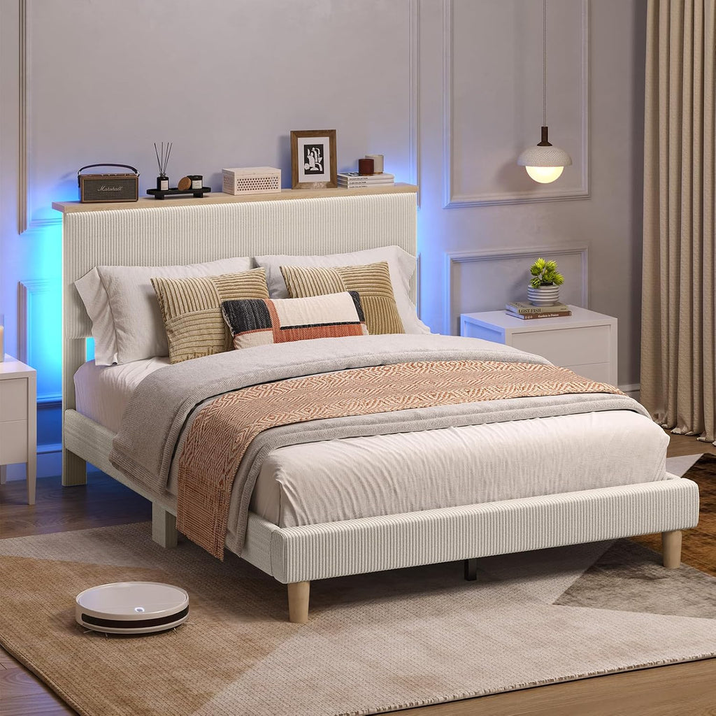 Bestier Queen Bed Frame with Adjustable Headboard & LEDLighting, Corduroy Upholstered Platform Bed Frame withStorage Shelf, Solid Wood Slats, No Box Spring Needed,Never Squeak, Easy Assembly, Beige