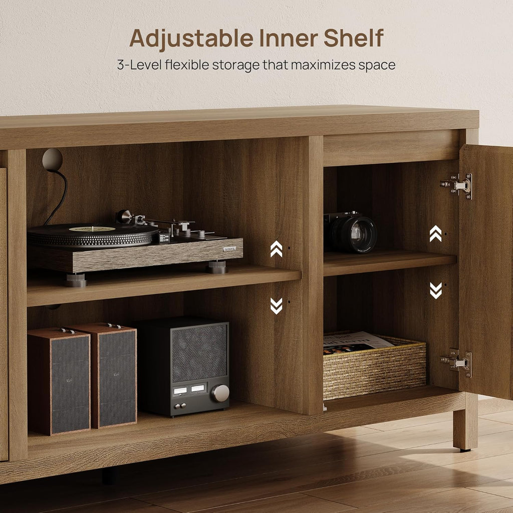 SICOTAS Fluted TV Stand for 55 65 inch TV - Large TV Consoles for Living Room Bedroom, Mid Century Modern Entertainment Center with Storage Cabinet, Wooden Television Stands Media Console, Caramel Oak
